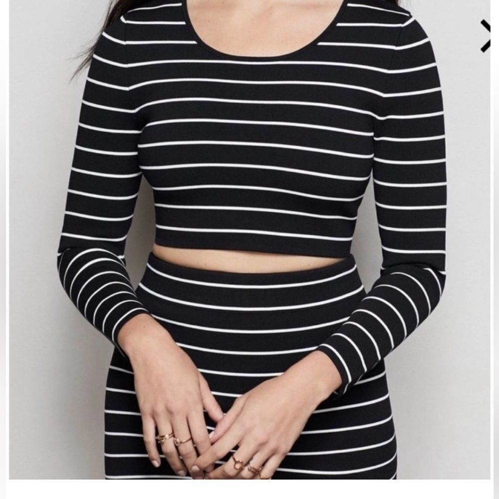 (A3)Good American High Line Black White Striped Ponte Knitted Crop Top Size 0